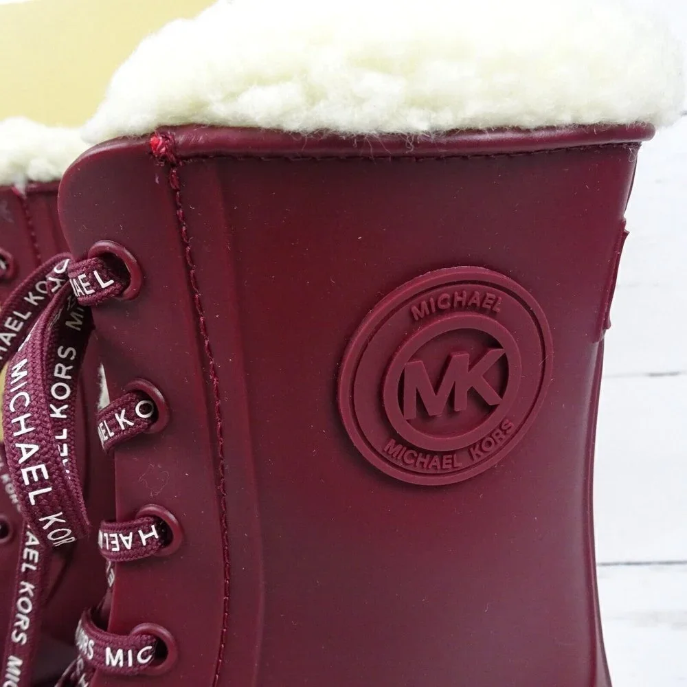 MICHAEL Michael Kors Women's Montaigne Rain Boots Faux Fur Logo Dark Berry New 6